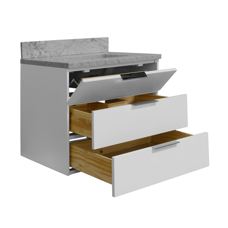 Ensemble de meuble-lavabo mural simple 30 po Mitchell, Marbre de Carrare, Blanc