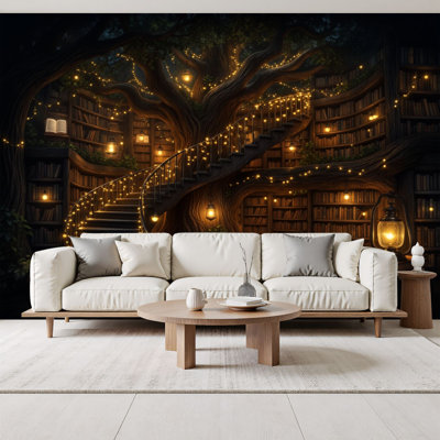 Papiers peints et adhésifs pour bibliothèque Bibliothèque Bibliothèque de lumières murales intérieures fantaisie H 69 po x l 96 po, papier peint amovible en PVC, décoration murale pour chambre à coucher, salon
