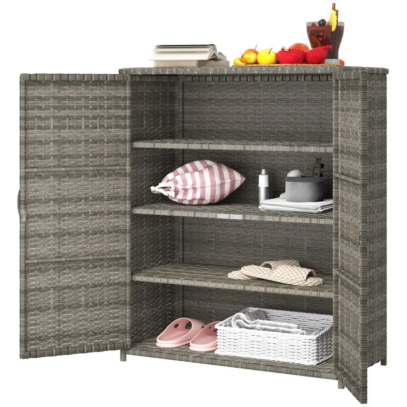 Armoire de rangement d'extérieur en osier de rotin avec 4 tablettes et 2 portes, boîte de terrasse de protection UV 2000h pour le jardin, rangement de serviettes de piscine, gris mélangé