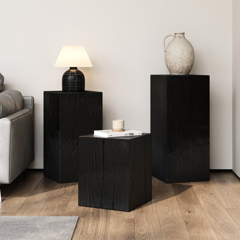 Table d'appoint moderne carrée noire à colonne avec sophistication naturelle rétro, pour les espaces intérieurs, L 14,5 po x l, arrangement de hauteurs variables et espaces extérieurs