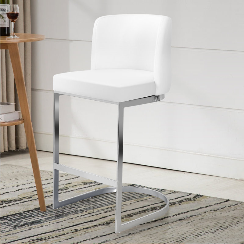 Bittencourt 26'' Upholstered Counter Stool, Faux Leather-White, 1