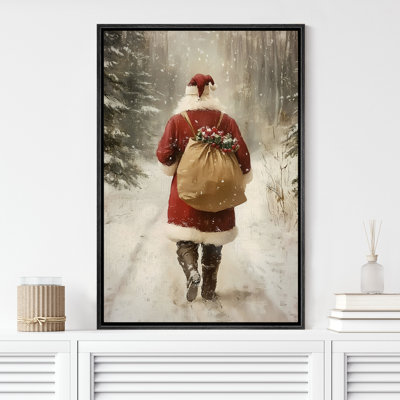 Santa Claus Walking in Winter Road Vintage Warm Cozy Christmas Holiday Canvas Print Wall Art