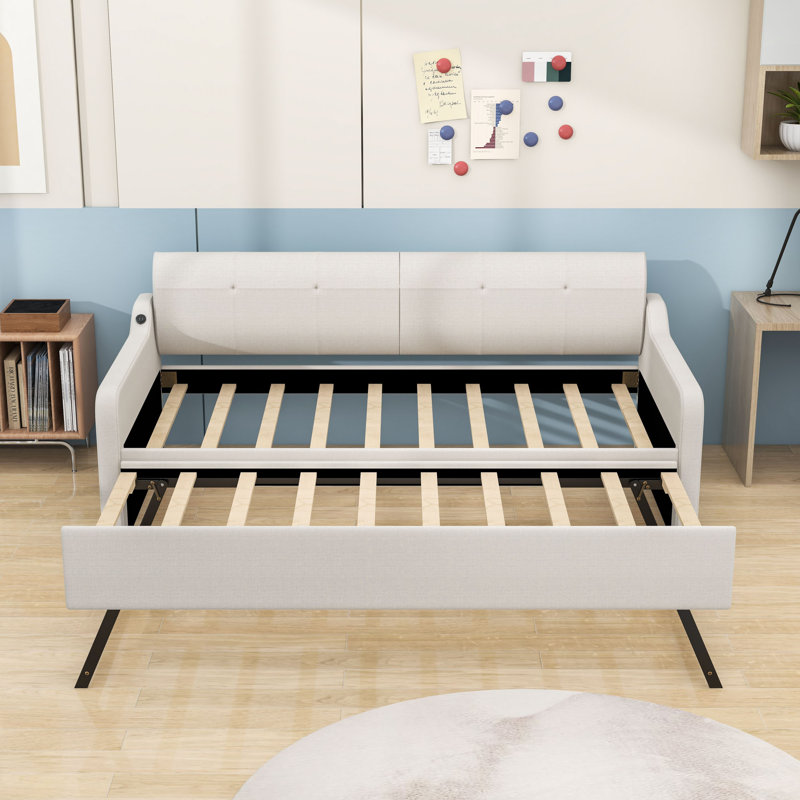 Lit de jour simple rembourré avec accoudoir de charge USB et lit gigogne simple, Beige