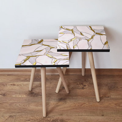 Modern Nesting Tables Set (2 Pieces), Pink, Gold & Grey Marble Design, 13.8 x 18.5 x 13.8 inches & 13.8 x 16.5 x 13.8 inches | 100% MDF with Beech Wood Legs | Stylish & Functional for Living Room & Office Decor