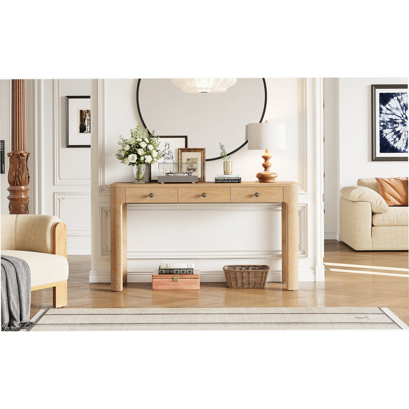 Console rustique avec coins arrondis pour la sécurité, table d'entrée avec 3 tiroirs dissimulés, table de canapé robuste (chêne clair)