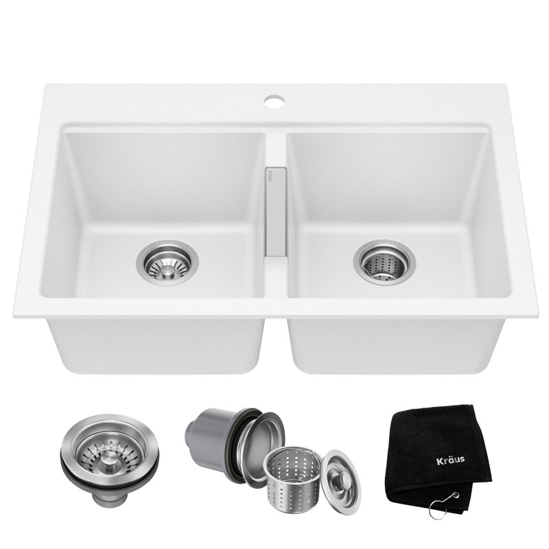 KRAUS Forteza™ Dual Mount Bowl Granite Kitchen Sink, Grey, 50/50 Double Bowl