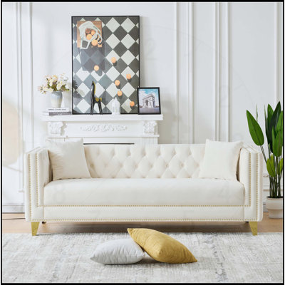 Canapé en velours Chesterfield de 80 pouces, siège profond à 3 places, canapé capitonné moderne avec accoudoirs carrés pour le salon, la chambre à coucher et le bureau