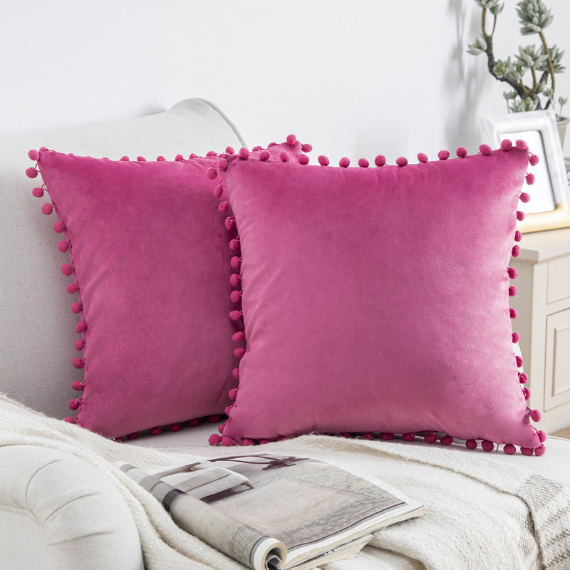 Housse de coussin Silky Velvet Series Pom-poms, Carré 18 po, Rose, Housse de coussin