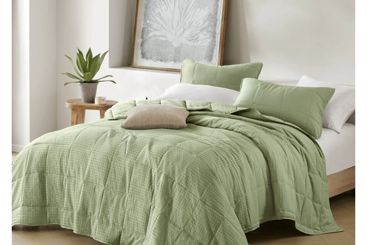 modern bedroom with sage green waffle duvet cover