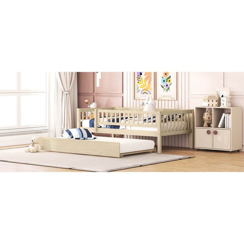 Twin Size Daybed With Trundle And Fence Guardrails In Natural - Long-Lasting Sturdiness Wood Protective Quality Space Efficient