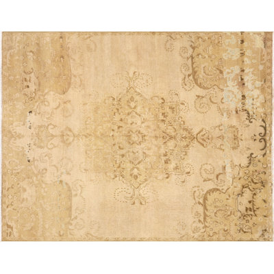 Tapis beige / brun en laine noué à la main de conception unique 6 pi 7 po x 8 pi 4 po années 1960