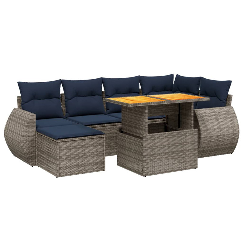  7 Piece Patio Sofa Set With Cushions Poly Rattan, Grey, Blue