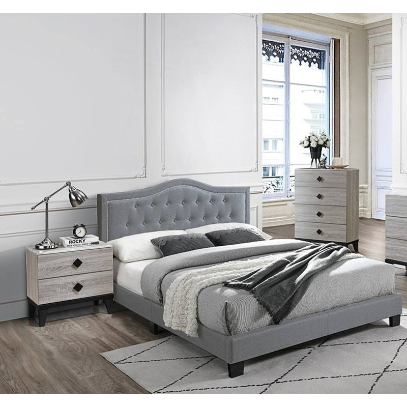 Grand lit 1 pièce avec tête de lit capitonnée European Design, Grand lit, Gris
