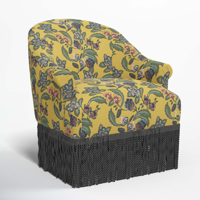 Callie Cotton Upholstered Barrel Chair with Recessed Rolled Arms and Solid Wood Legs, Black, Libby Floral Gold