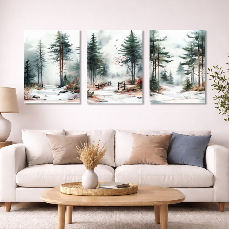 «Snowy Pine Tree Forest Path», ensemble d'art mural encadré 3 pins, 32" H x 72" W, Wrapped Canvas