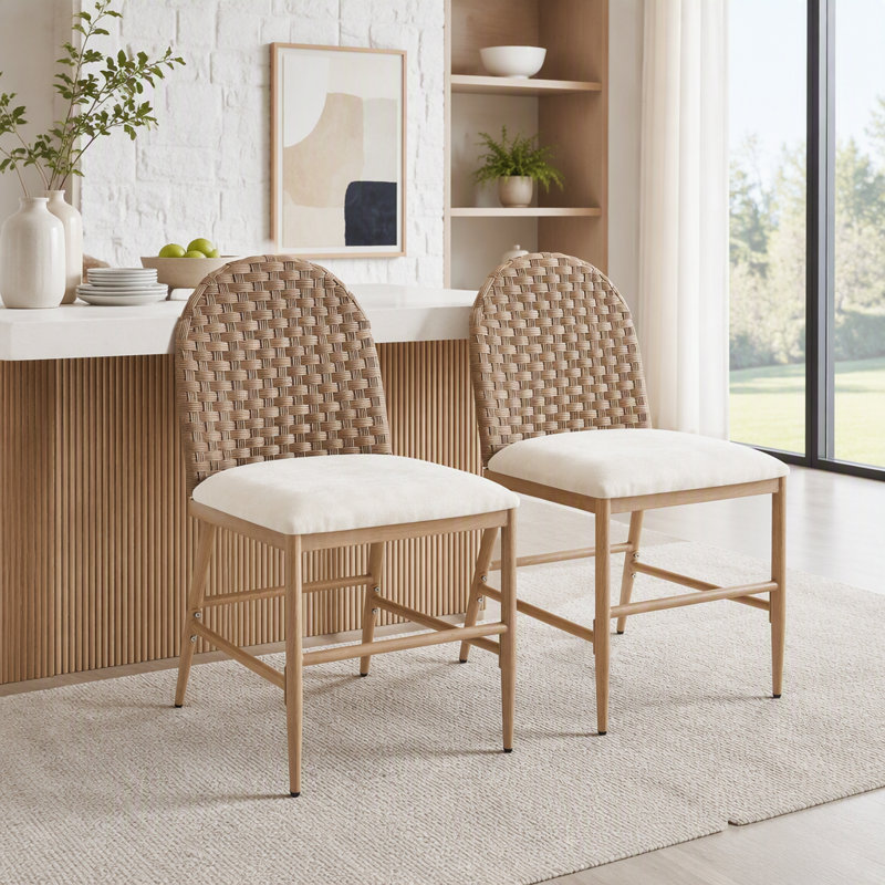 Ensemble de chaises de salle à manger Farmhouse avec dossier en rotin tissé à la main, Tissu beige / brun de 33 po de hauteur