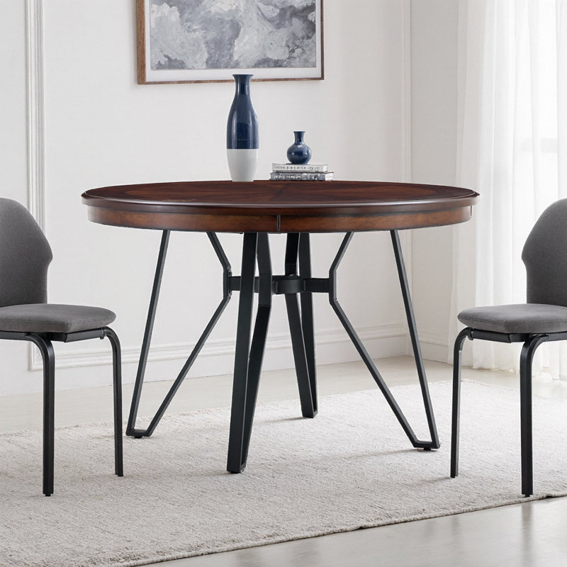 Table de salle à manger 46,85 "ronde brun Mid-Century moderne avec pieds en métal en épingle à cheveux et tablette de rangement - 4 sièges