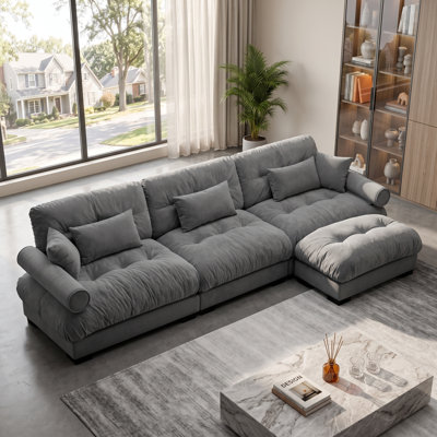 3-Seater Deep Seat Modular Velvet Sofa with Movable Ottoman, Pillow Back and Bolster Pillows, Gray