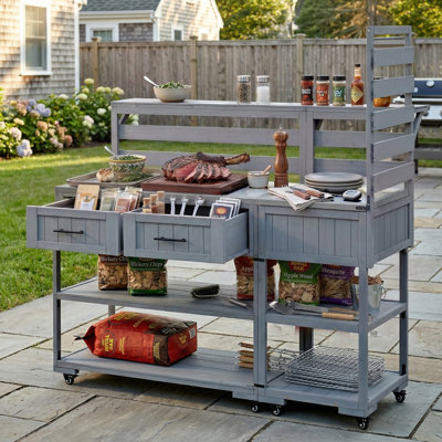62.3" Patio Potting Bench, Solid Wood BBQ Prep Cart with Stainless Steel Top & Drawers, Outdoor Kitchen Island with Wheels