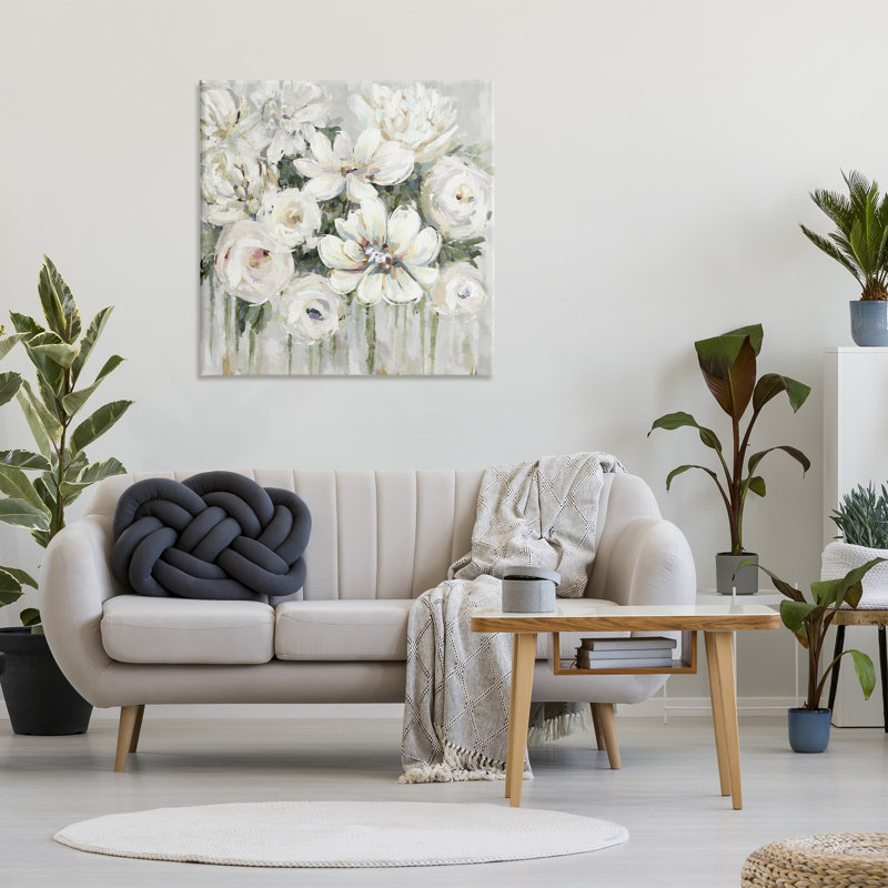Abstrait bouquet floral blanc avec verdure par Carson Lyons - reproduction d'art, H 36 po x l 36 po