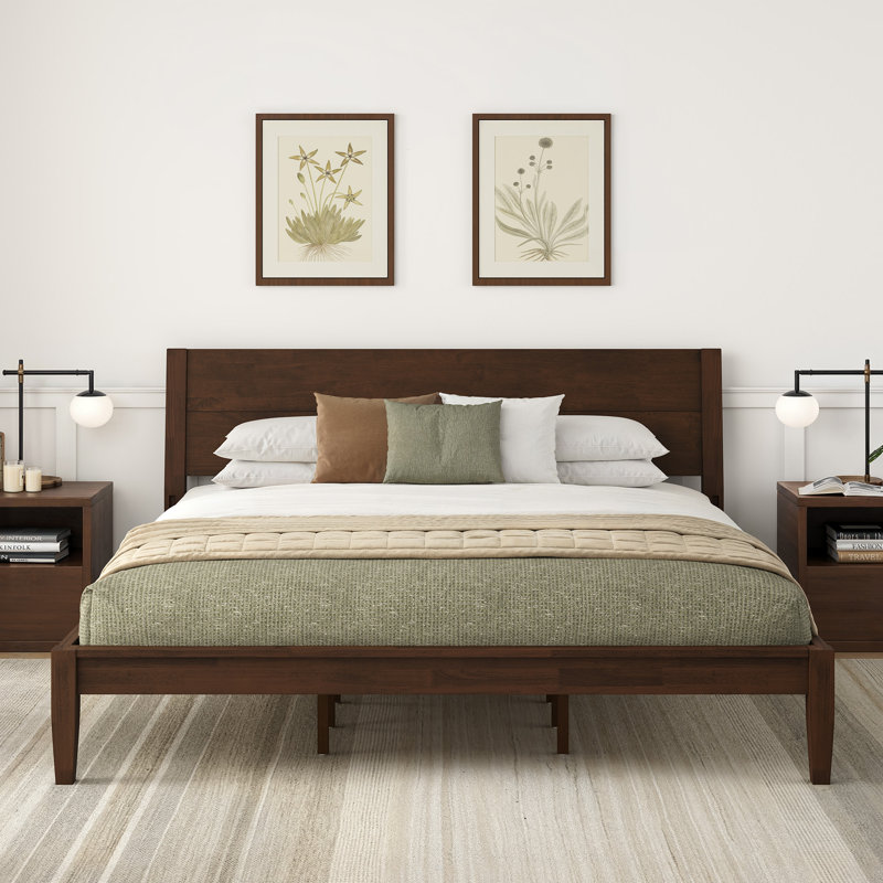 Mid-Century Modern Design Solid Rubberwood Bed Frame, No-Tool Quick Assembly Mortise And Tenon Structure, King, Dark Walnut
