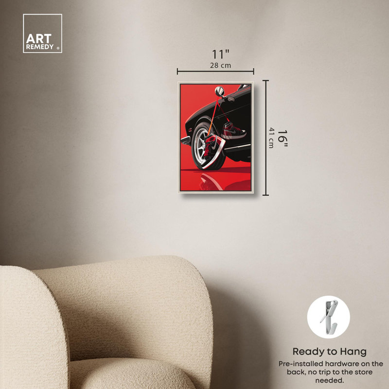 «Red Bold Sneaker and Car Canvas Sports», art mural , H 16 po x l 11 po, Encadrement argenté