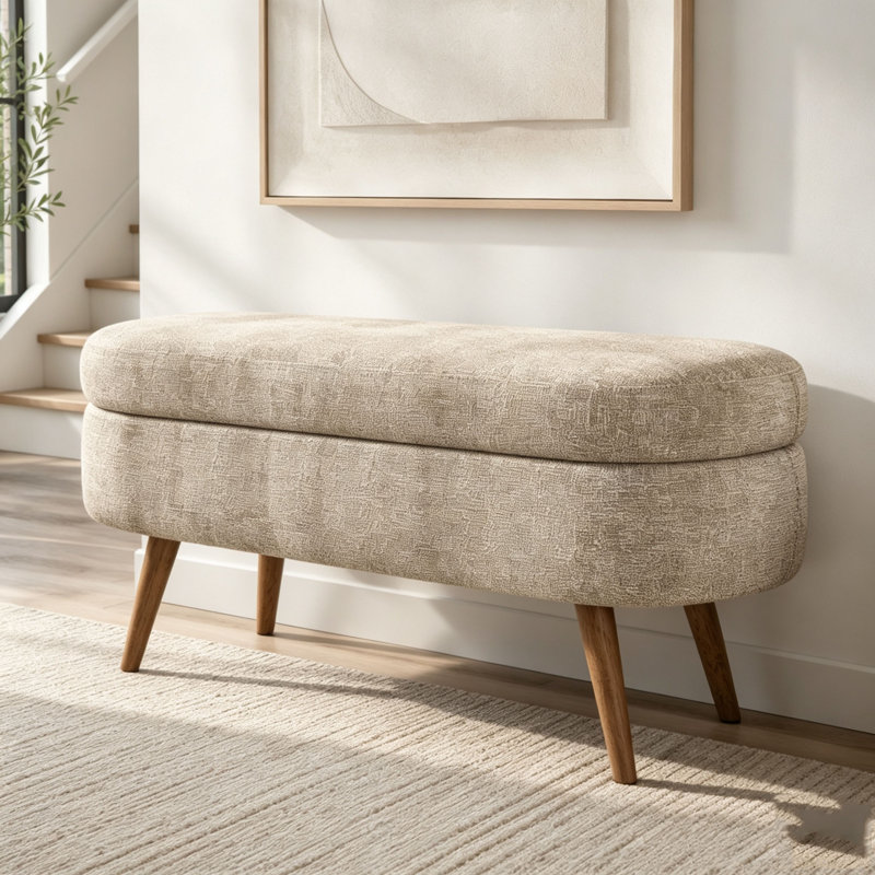 Banc de rangement repose-pieds ovale, pieds en bois d'hévéa, Brun
