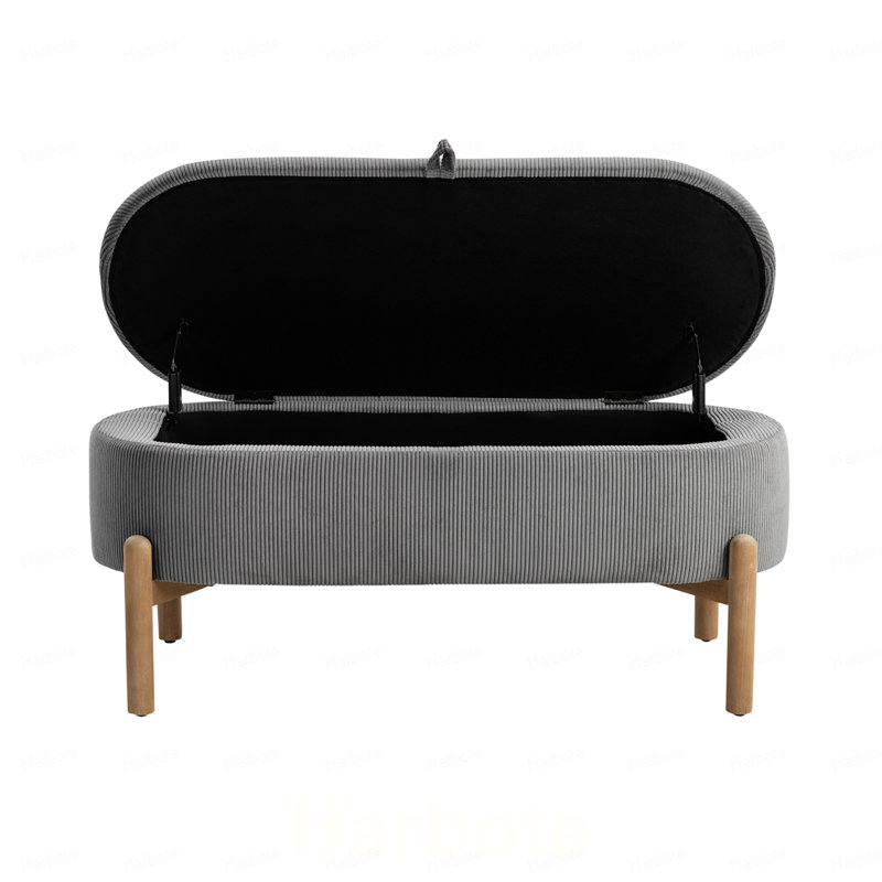 Banc de rangement rembourré avec siège en velours côtelé et pieds en bois massif 1 pièce, Gris