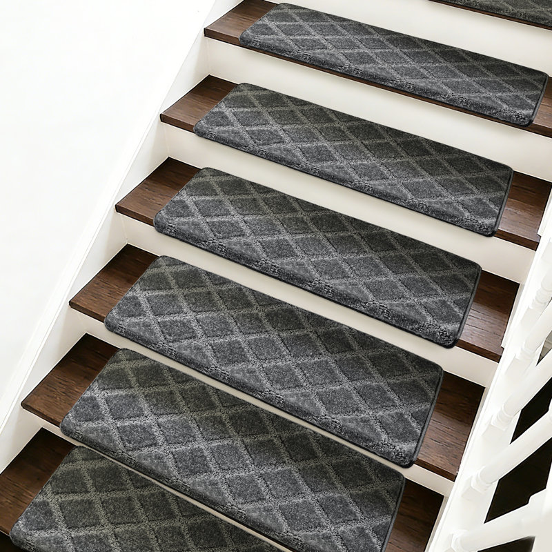 Tapis d'escalier bullnosé antidérapant (ensemble de 16), Treillis gris diamant, 16