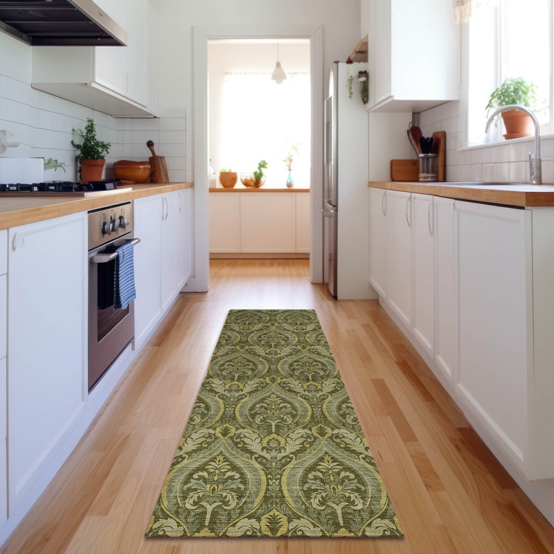 Premium Machine Washable Cerrito AMF572 Green Rug, Runner 2'3" x 7'6"