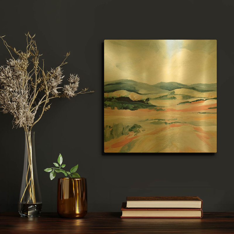 «Vermillion Landscape I» par Katrina Pete, art mural en métal doré, 12 po x 12 po, 12 po x 12 po