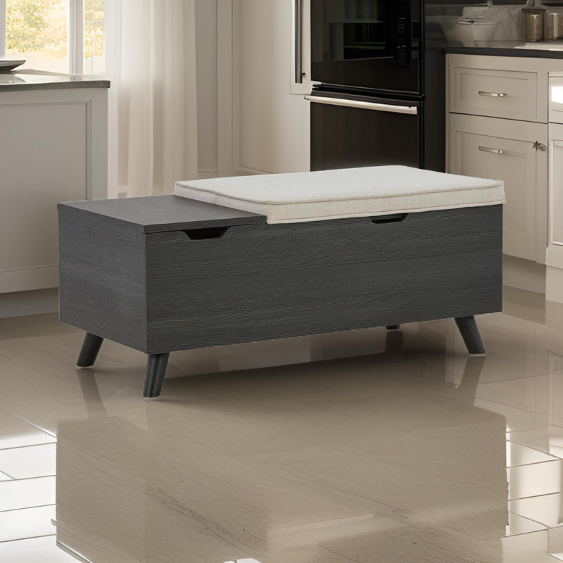 Banc de rangement Yasmin, bois gris noir, polyester beige, mousse, 39 pouces