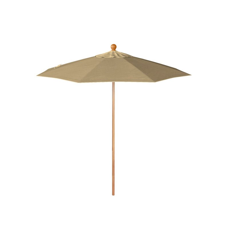 Parasol de patio en bois de teck 7,5 pi avec nervures en fibre de verre et système de levage beige Sunbrella, Beige