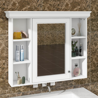 Armoire de rangement murale 35 po x 28 po avec porte miroir et 6 étagères ouvertes