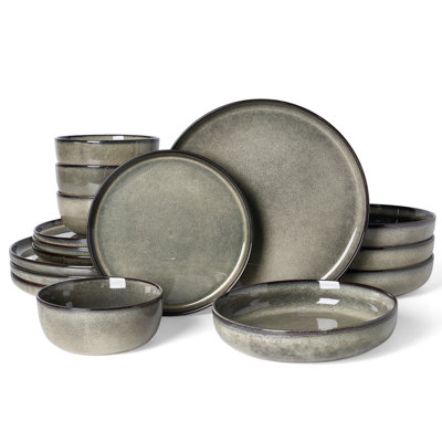  16 Piece Stoneware Dinnerware Set with Pasta Bowls- Service for 4, Greenish Brown
