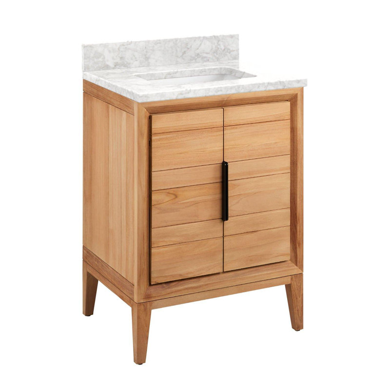 24" Aliso Single Bathroom Vanity Set with Rectangular Undermount Sink, Carrara Marble, No Faucet Hole, Natural Teak