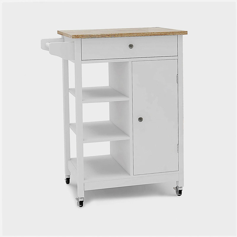 Rubberwood kitchen island trolley with adjustable shelf and towel rack