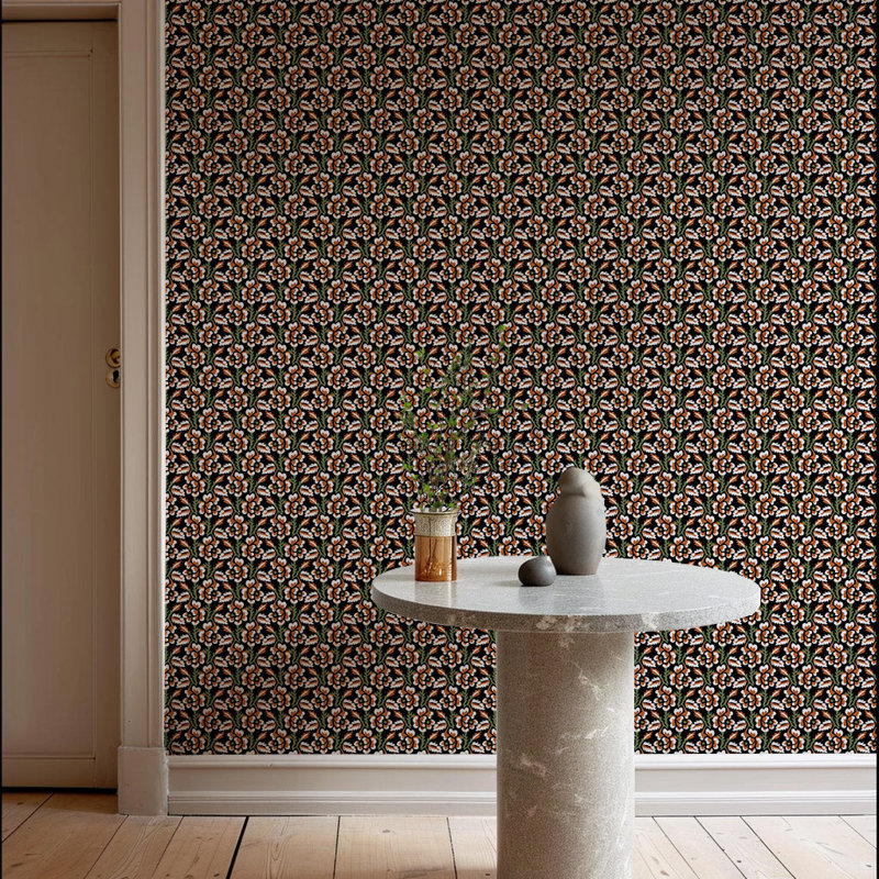 Thorn & Blossom - Wallpaper, Onyx Persimmon, Non-pasted