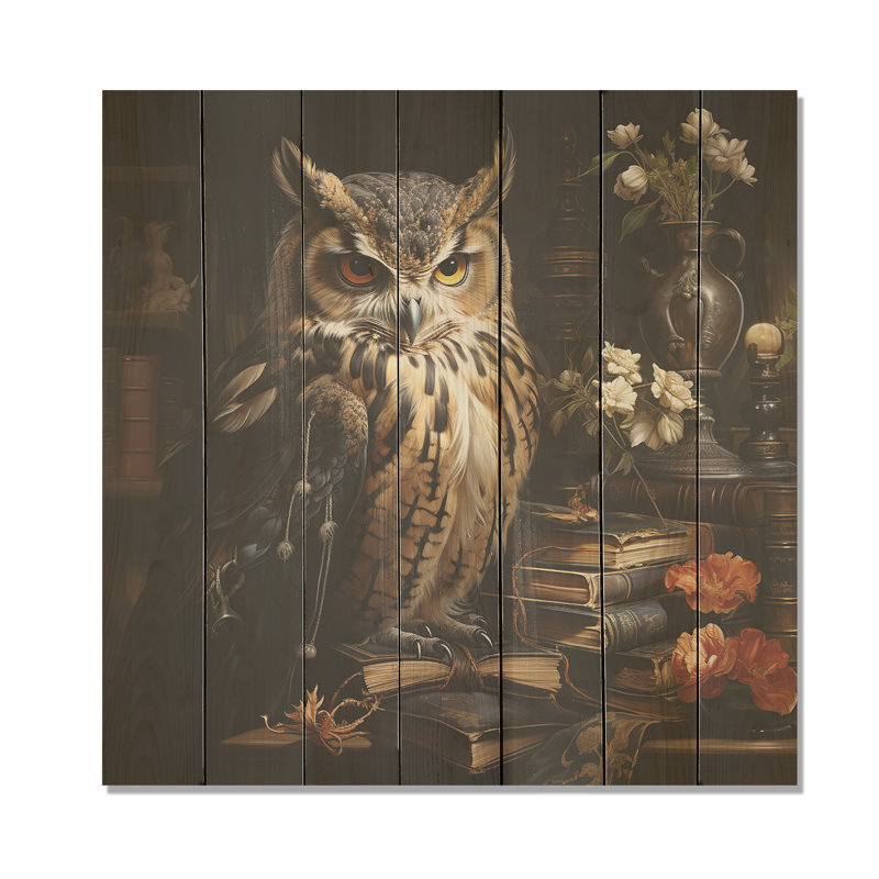 Pensées de hibou brun de la Renaissance I - animal hibou sur bois, H 15 po x l 15 po