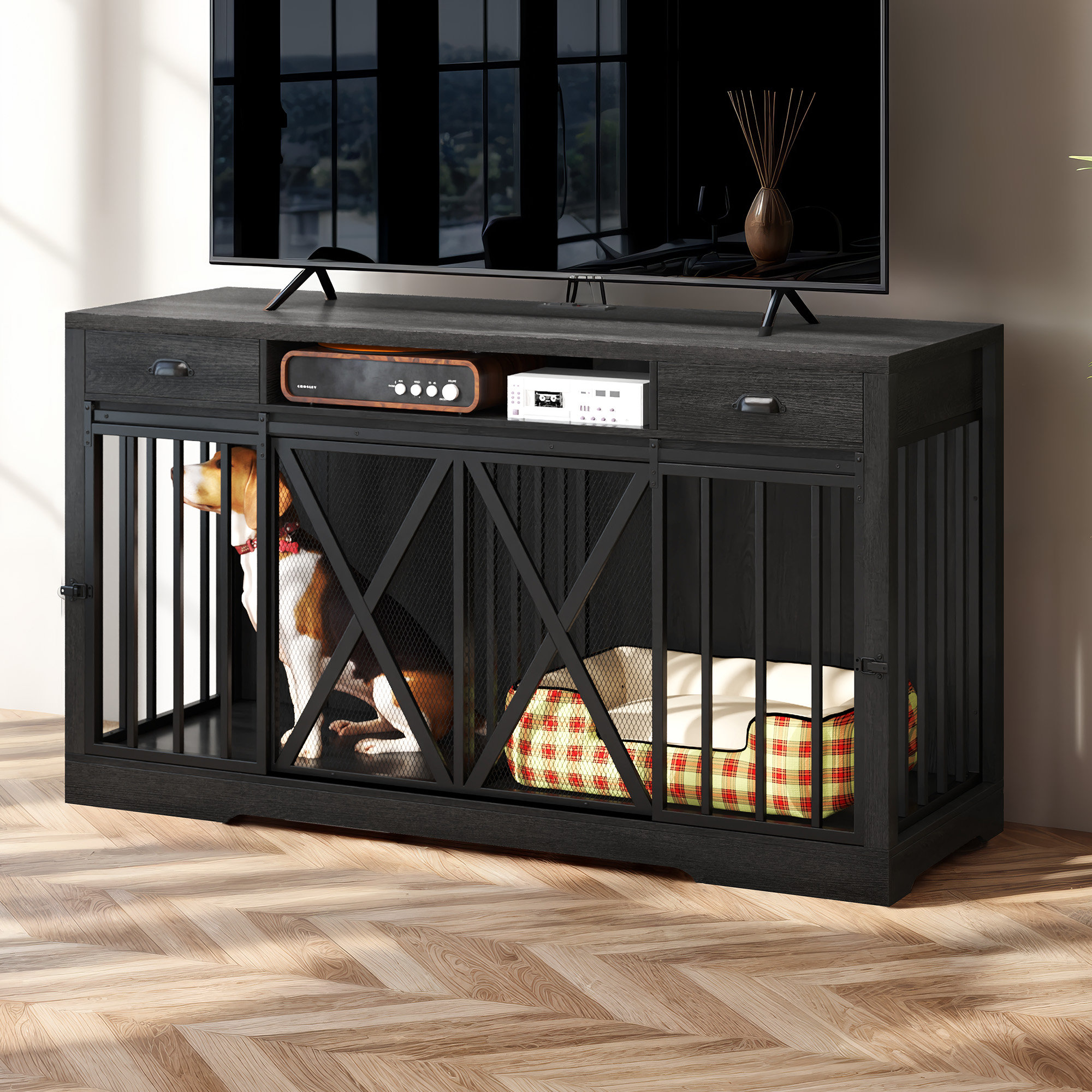 Tucker Murphy Pet™ Erkka 63'' Double Dog Crate Heavy Duty Wooden Dog