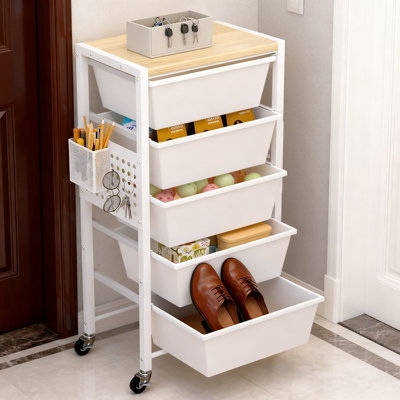 5-Drawer Rolling Storage Cart With Wooden Tabletop, Pegboards & Basket - Mobile Utility Organizer Cart For Home, Office And Classroom