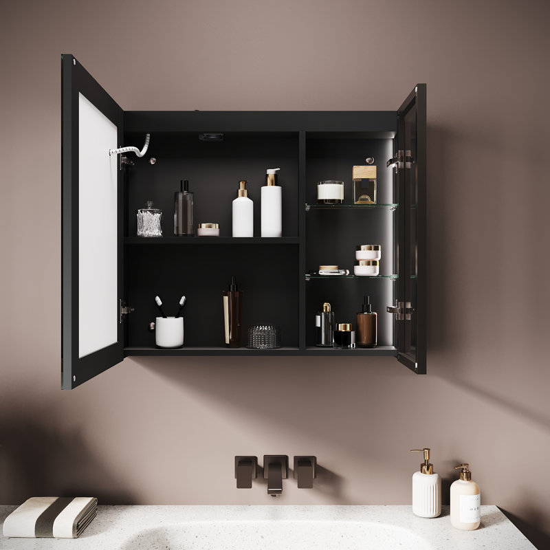 70 mm W 60 mm H Framed Mirrored Bathroom Cabinets 3 Shelves with Mirror, Black