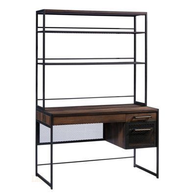 Bureau spacieux avec huche et plusieurs solutions de rangement, parfait pour le bureau à domicile et l'organisation efficace.