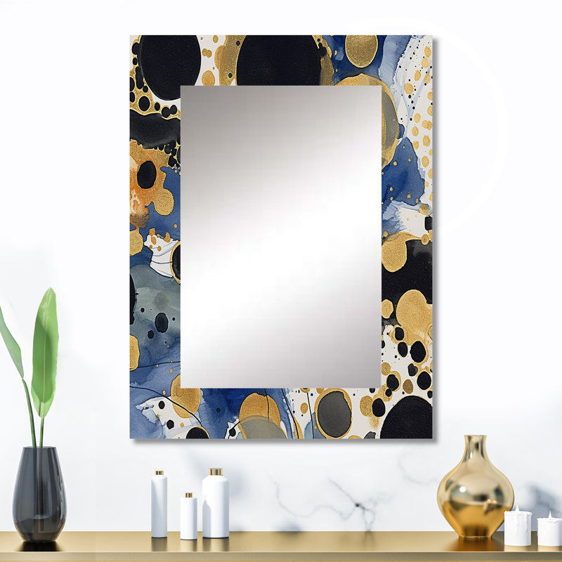 Laurier, motif abstrait avec textures bleues et dorées XXIII - miroir décoratif géométrique, 32 po x 24 po