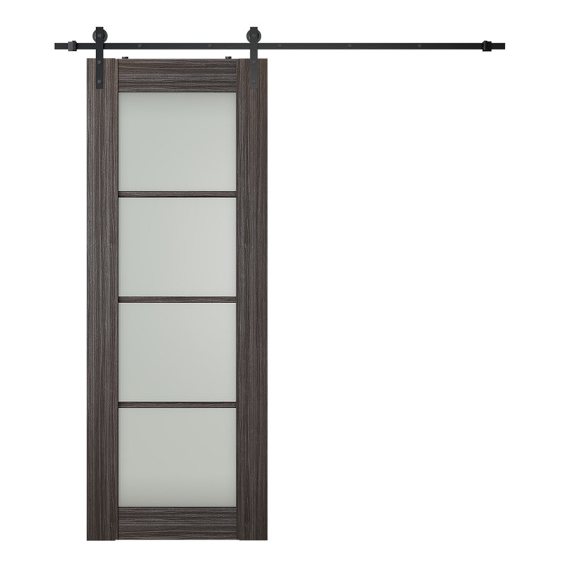 Porte de grange préfabriquée en bois manufacturé massif Palladio 4 Lite, Chêne gris, 31,75 po x 83,23 po