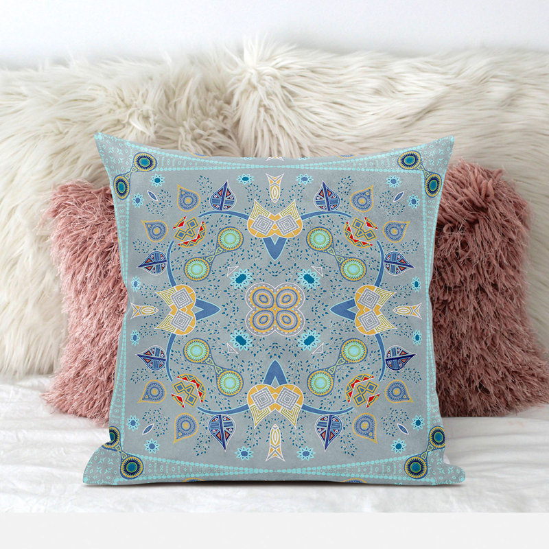 Housse et insert de coussin carré en polyester intérieur / extérieur, 20 po x 20 po, Gris/bleu/jaune