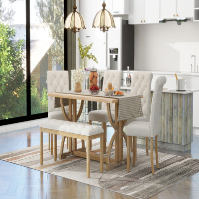 6-Piece Retro Rectangular Dining Table Set, Table with Unique Legs and 4 Upholstered Chairs & 1 Bench for Dining Room and Kitchen
