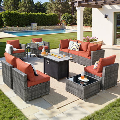 Ensemble de conversation extérieur pour 8 personnes Chappotin, ensemble de conversation de patio en osier avec coussins, ensemble de canapé modulaire toutes saisons avec foyer pour jardin, cour arrière