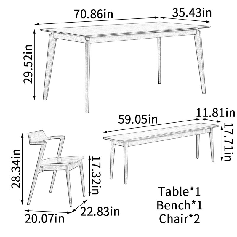 Simple Rectangular Black Walnut Dining Table Set, 29.52" H x 70.86" L x 35.43" W