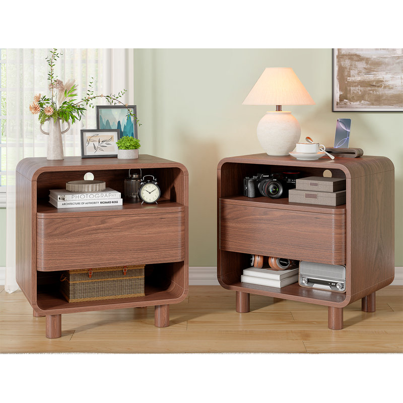 Modern Nightstand W/open Shelf Storage, Mid Century Night Stand Set Of 2, With Drawer, Curved Profile, Wood Bedside End Table For Bedroom, Walnut